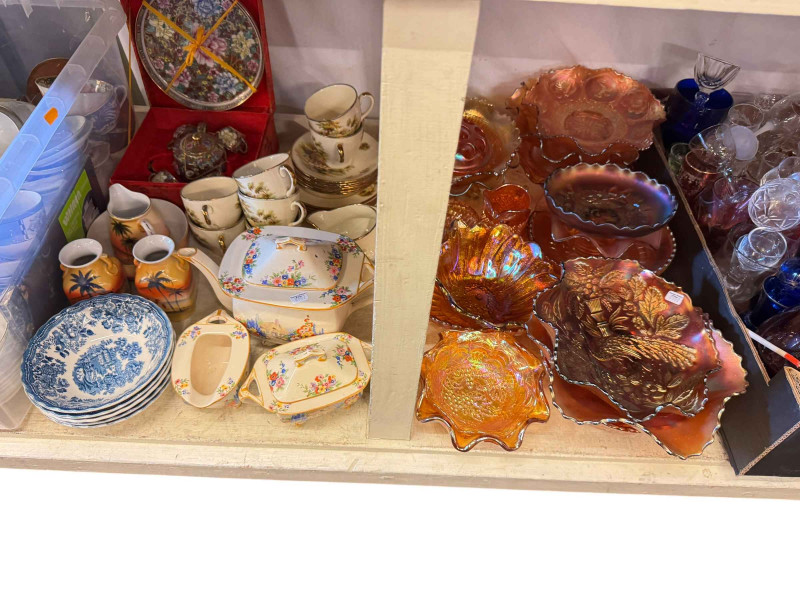 Large collection of glass and china including Carnival glass bowls, two Bunnykins bowls, Shelley cakestand, dinner and teawares, etc.