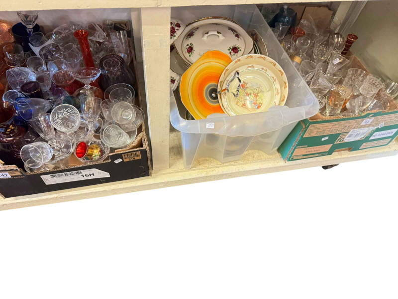 Large collection of glass and china including Carnival glass bowls, two Bunnykins bowls, Shelley cakestand, dinner and teawares, etc.