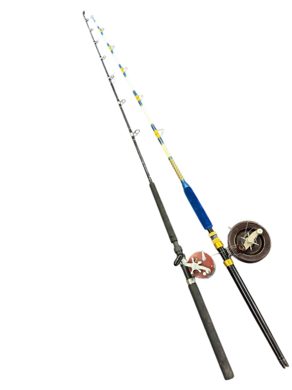 Custom built 6ft 6 heavy duty sea fishing boat rod with reel and Abu Garcia 7ft boat rod and reel.