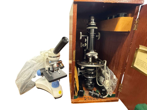 J Swift & Son mahogany cased microscope and a small modern Swift microscope.