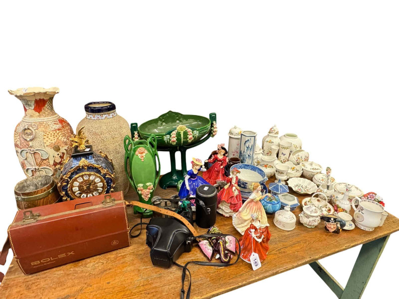 Eichwald secessionist centre-piece and vase, four Royal Doulton ladies, Aynsley cottage garden and other china, Bolex cine camera, Olympus camera, two lenses etc.