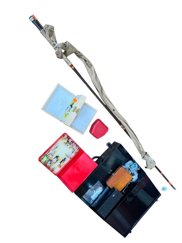 Hardy Richard Walker Reservoir Superior fly fishing rod and Intrepid Superior fly reel and box of fly ties and equipment.