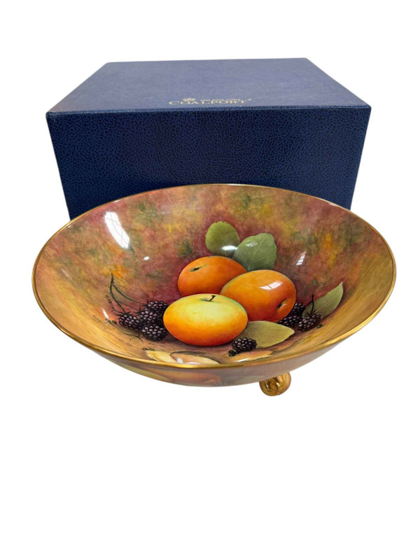 Coalport fruit decorated three footed bowl, hand painted by Malcolm Harnet, boxed.