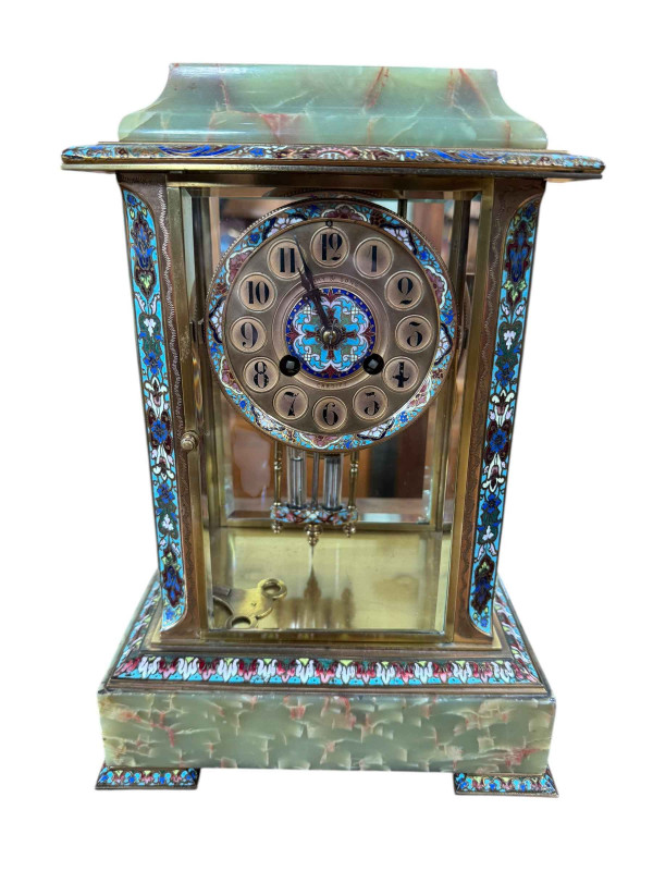 French four glass champleve mantel clock with green onyx and enamel case, 33cm high.