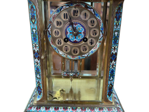 French four glass champleve mantel clock with green onyx and enamel case,...