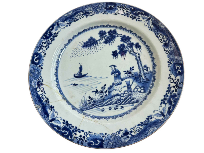 A large 19th Century Chinese blue and white charger, decorated with fishermen lake scene, 37.5cm dia and smaller charger.