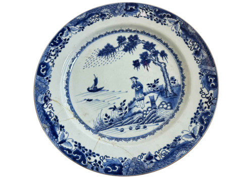 A large 19th Century Chinese blue and white charger, decorated with fishermen lake scene, 37.5cm dia and smaller charger. thumbnail