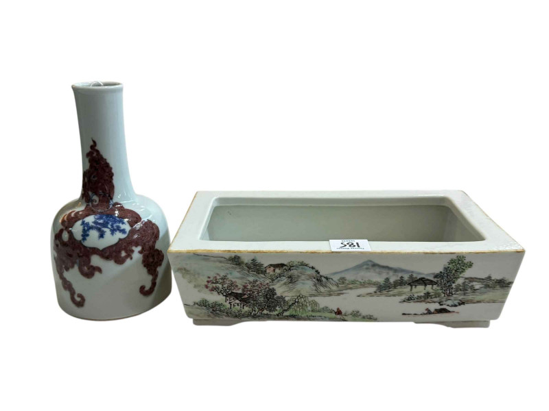 A Chinese mallet shaped vase decorated with foo dog, 6 character mark to base and a Chinese planter.