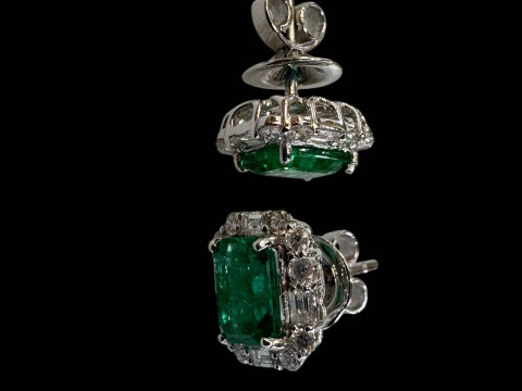 Pair of 18 carat emerald and diamond cluster earrings, rectangular emerald...