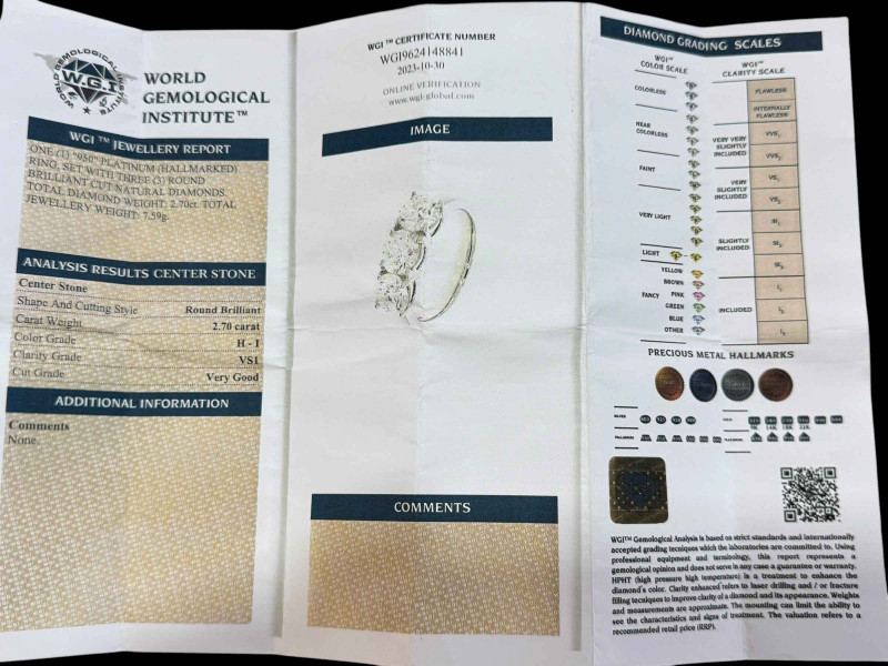 Platinum set three-stone diamond ring, diamonds totalling 2.70ct, size L, with Gemological Institute certificate.