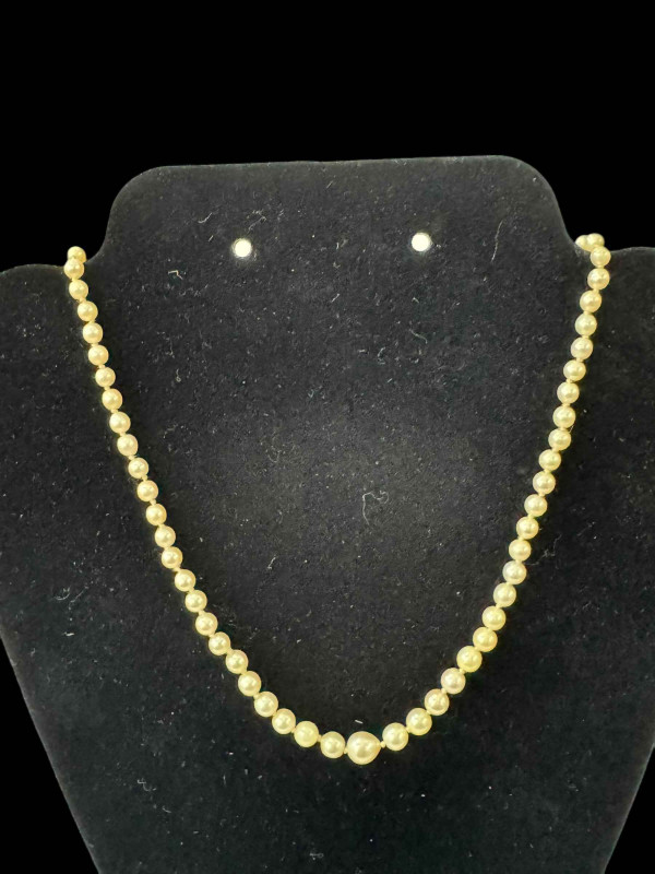 Pair 18 carat white gold amethyst and diamond earrings and pearl necklace (2).