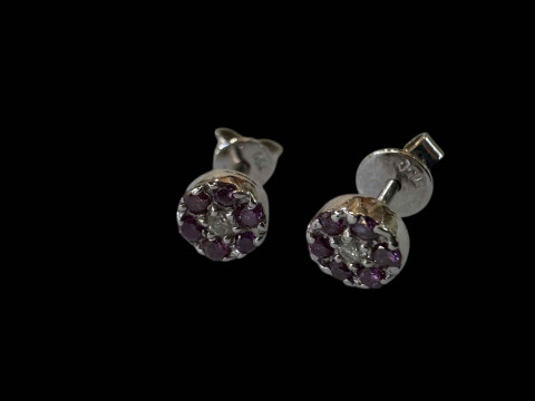 Pair 18 carat white gold amethyst and diamond earrings and pearl necklace (2). thumbnail