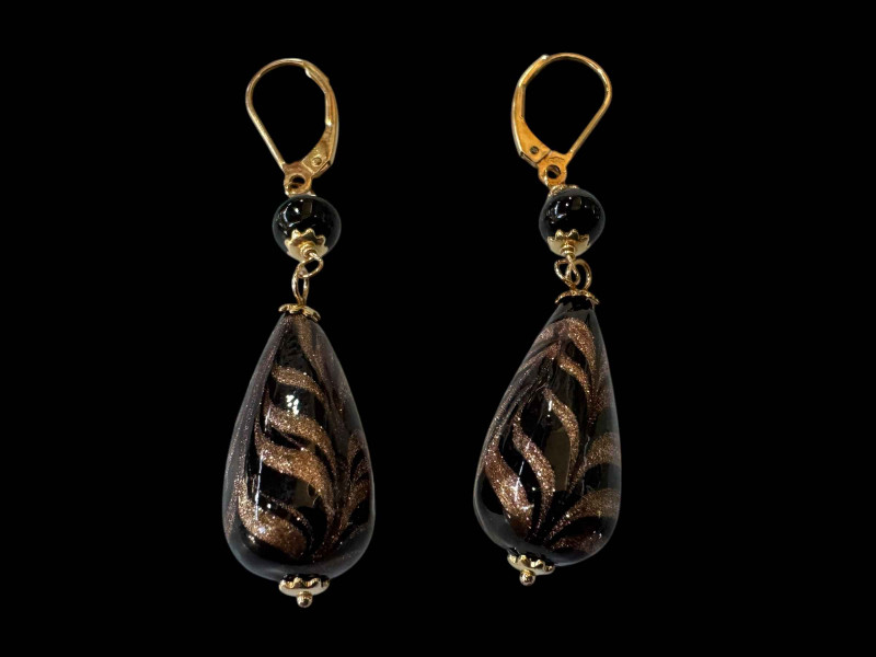 Pair 9 carat gold black and speckled gold teardrop earrings.