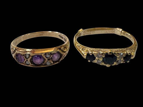 18 carat sapphire and diamond ring with 9ct keep; and 9 carat gold amethyst...