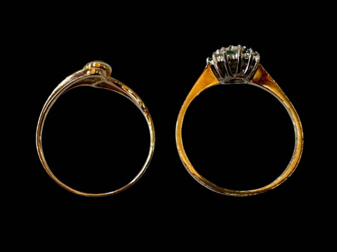Two 9 carat gold opal set rings, one with emeralds. thumbnail