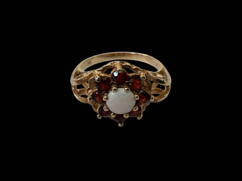9 carat gold opal and garnet cluster ring, size Q.