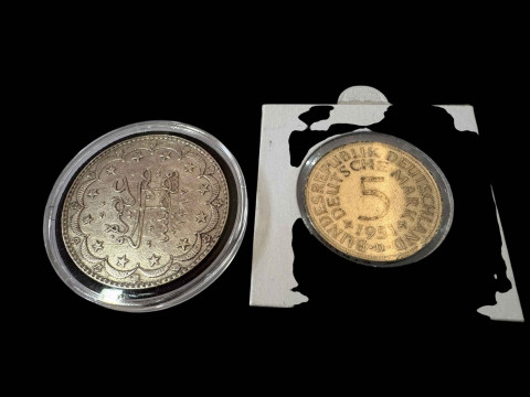 Ottoman Empire silver 20 Kurush and a silver Deutsche five mark coin. thumbnail