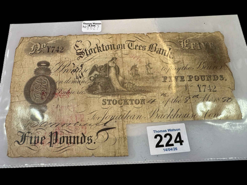 Old Stockton on Tees £5 bank note.