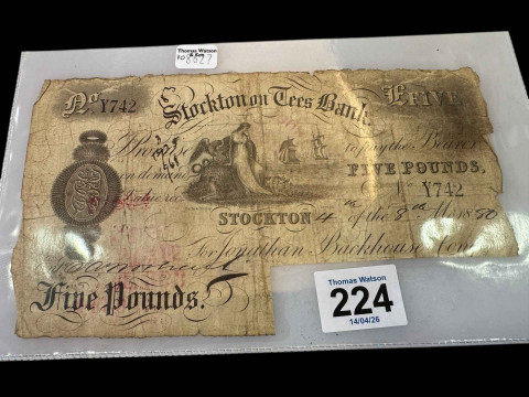 Old Stockton on Tees £5 bank note.