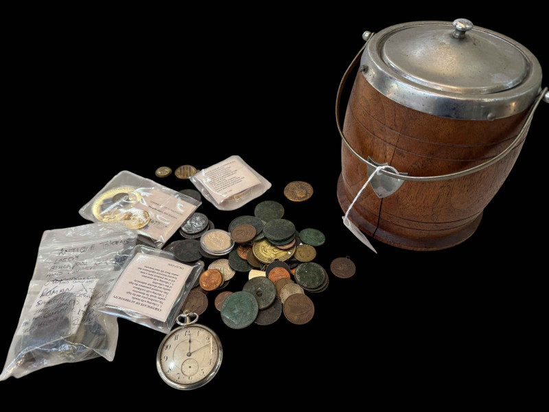 Oak biscuit jar with coinage, etc.