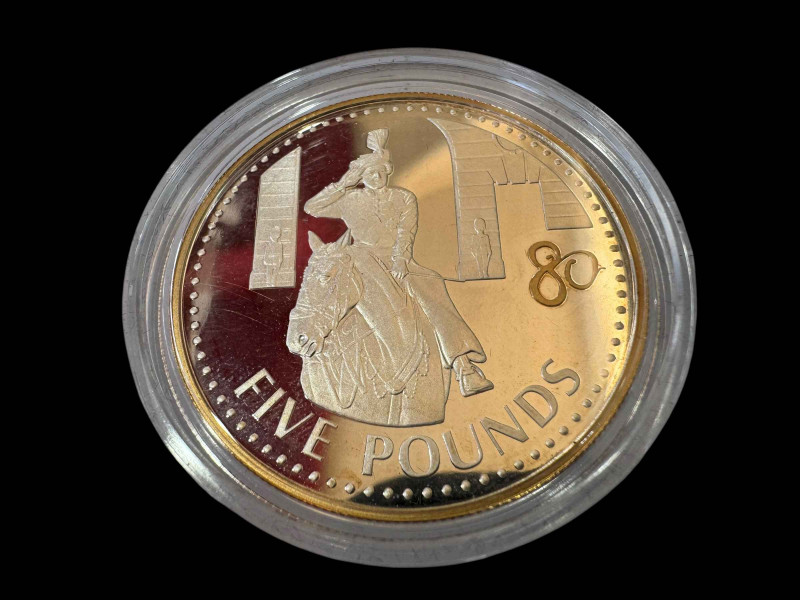 Silver proof 5 Jersey pound crown to commemorate Queen Elizabeth II birthday.