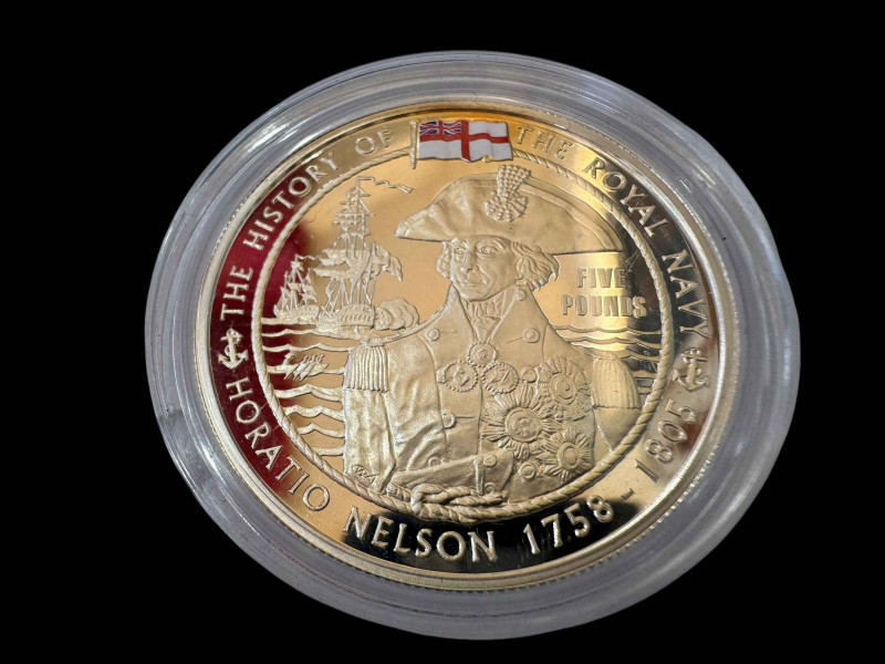 Silver proof 5 pound coin, The History of the Royal Navy Horatio Nelson, 1758-1805.