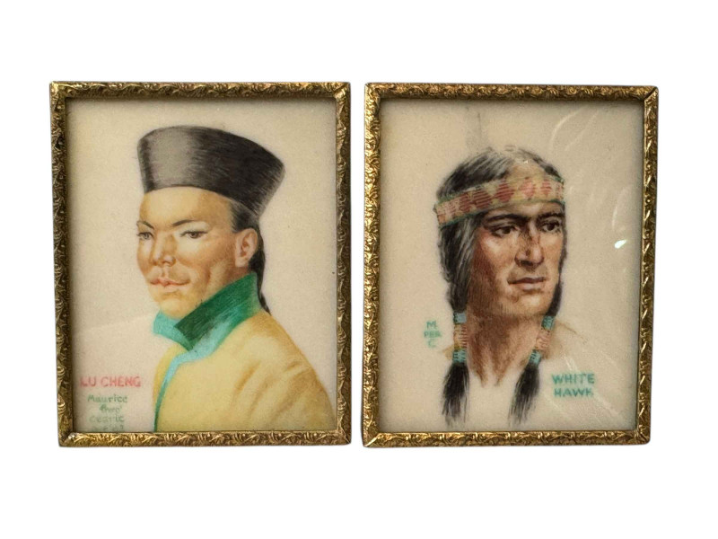 Two signed miniature portraits of white hawk and La Cheng, by Maurice Cedric, c 1960's.
