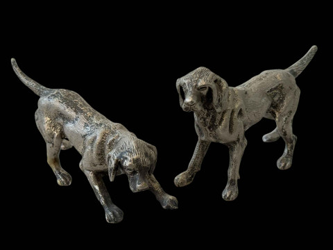 Pair white metal/silvered labrador sculptures, 17cm in length.