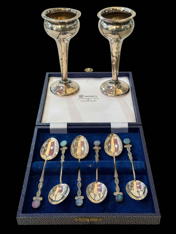 Cased set of Sterling silver teaspoons with opals and pair of Chester hallmark spill vases (2).