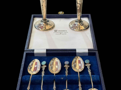 Cased set of Sterling silver teaspoons with opals and pair of Chester...