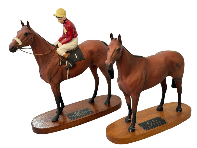 Beswick Red Rum with Brian Fletcher up and Arkle, both on wood plinths.