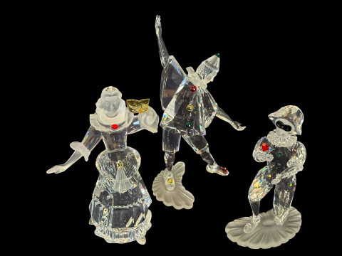 Three Swarovski Masquerade figures, Harlequin, Columbine and Pierrot,...