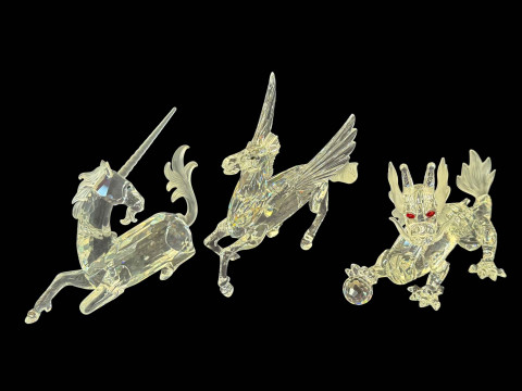 Three Swarovski crystal fabulous creatures, The Unicorn 96, The Dragon...