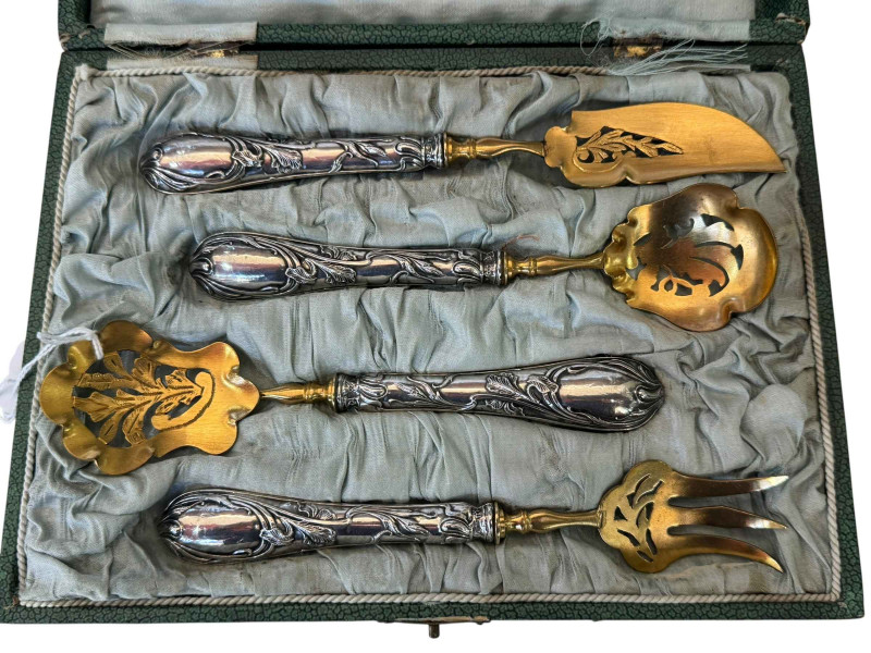Cased French 800 silver handled and gilt hors d'oeuvres serving set with Art Nouveau styled handles.