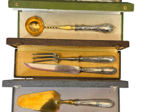 Five cased French silver and silver plate ornate handled servers, some...