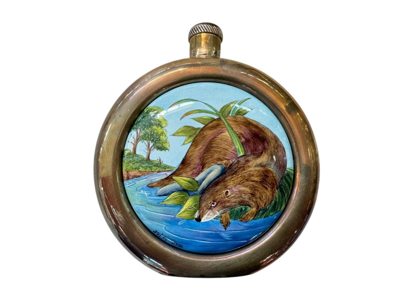 Moorcroft enamel and silver otter hip flask, boxed with certificate 29/75.