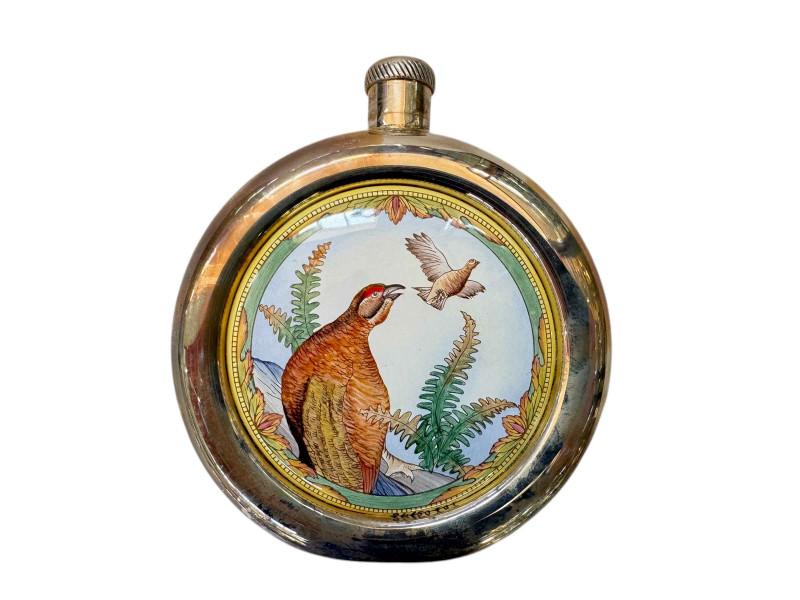 Moorcroft enamel and silver Red Grouse hip flask, boxed with certificate 26/50.