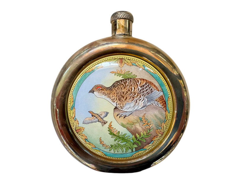 Moorcroft enamel and silver Ptarmigan hip flask,boxed with certificate 19/80.