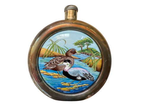 Moorcroft enamel and silver eiderduck hip flask, boxed with certificate...
