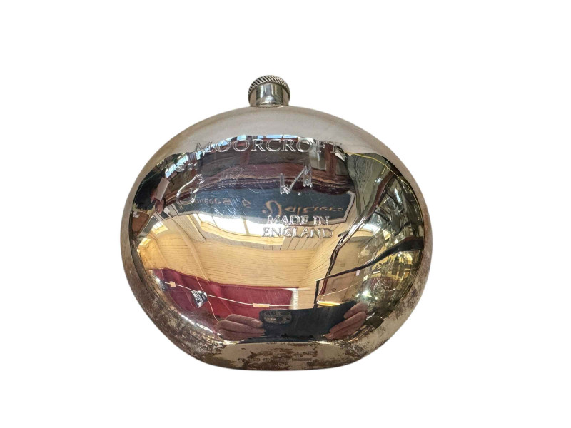 Moorcroft enamel and silver eiderduck hip flask, boxed with certificate 29/75.