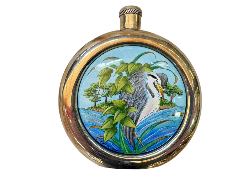 Moorcroft enamel and silver heron hip flask, boxed with certificate 29/75.
