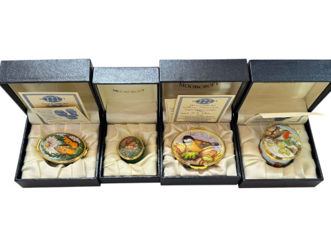 Moorcroft enamels trinket boxes including Willow Titmouse, Last Snow of...