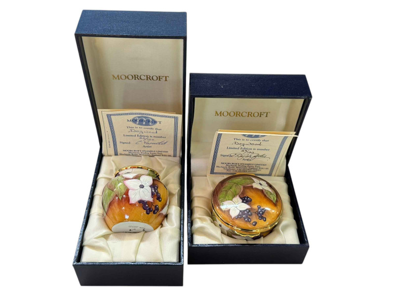 Moorcroft enamels dogwood vase and trinket box (2), boxed with certificates 42/100 and 49/100.