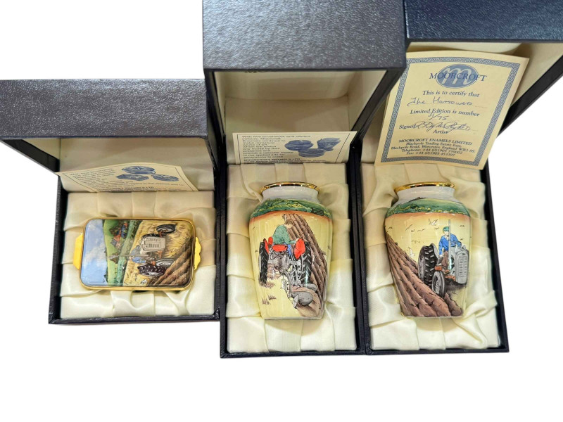 Moorcroft enamels Winter Fallow trinket box and two vases The Harrowers and other (3), all boxed 31/75, 31/75, 31/75.