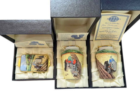 Moorcroft enamels Winter Fallow trinket box and two vases The Harrowers...