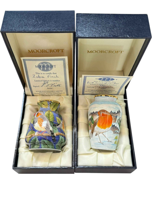 Two Moorcroft enamels vases Zebra Finch and Last Snow of Winter, boxed with certificates No. 24 and 43/50.
