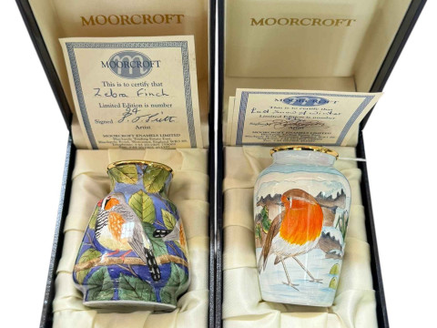 Two Moorcroft enamels vases Zebra Finch and Last Snow of Winter, boxed...