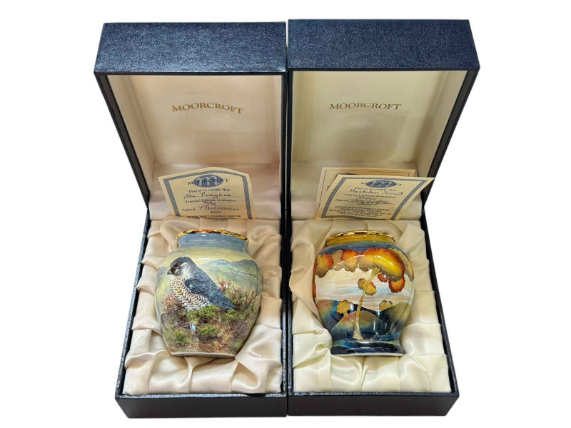 Two Moorcroft enamel vases 'Hazeldene Sunset' 135/250 and 'The Peregrine' 70/75, boxed with certificates.