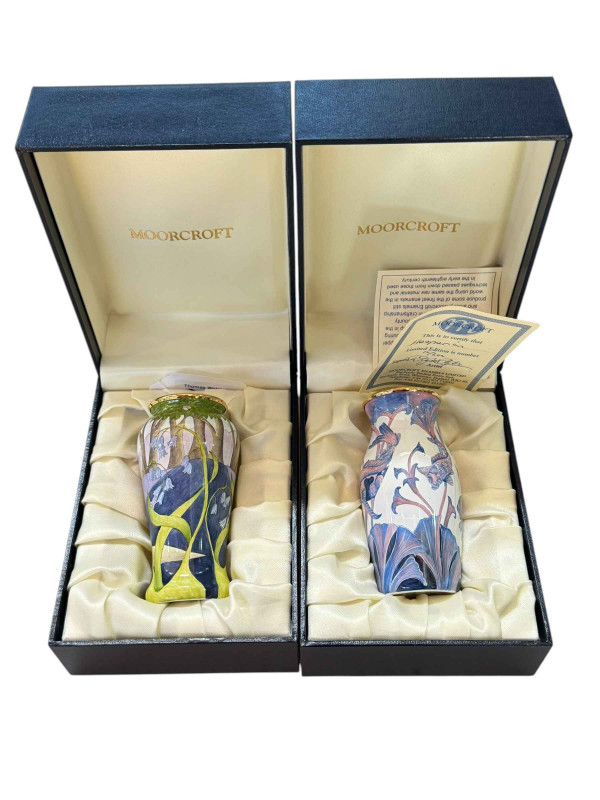 Two Moorcroft enamel vases 'Hesperion' 10/200 with certificate and 'Bluebell' 29/150 no certificate.