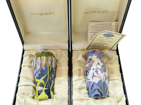Two Moorcroft enamel vases 'Hesperion' 10/200 with certificate and 'Bluebell'...